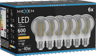 Mexen Vintis 6x LED spuldze ar diegu E27, A60, 8W, Silta - 2200K, 600 lm, dūmakaina - L150-E27-0822-70x06