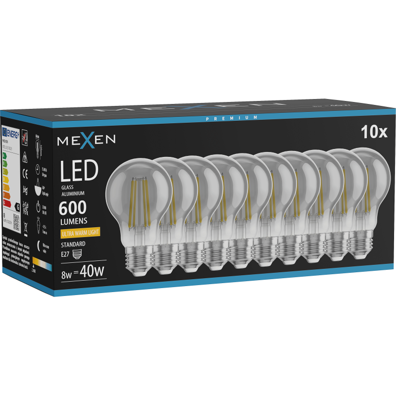 Mexen Vintis 10x LED filament žarnica E27, A60, 8W, Topla - 2200K, 600 lm, smoke - L150-E27-0822-70x10