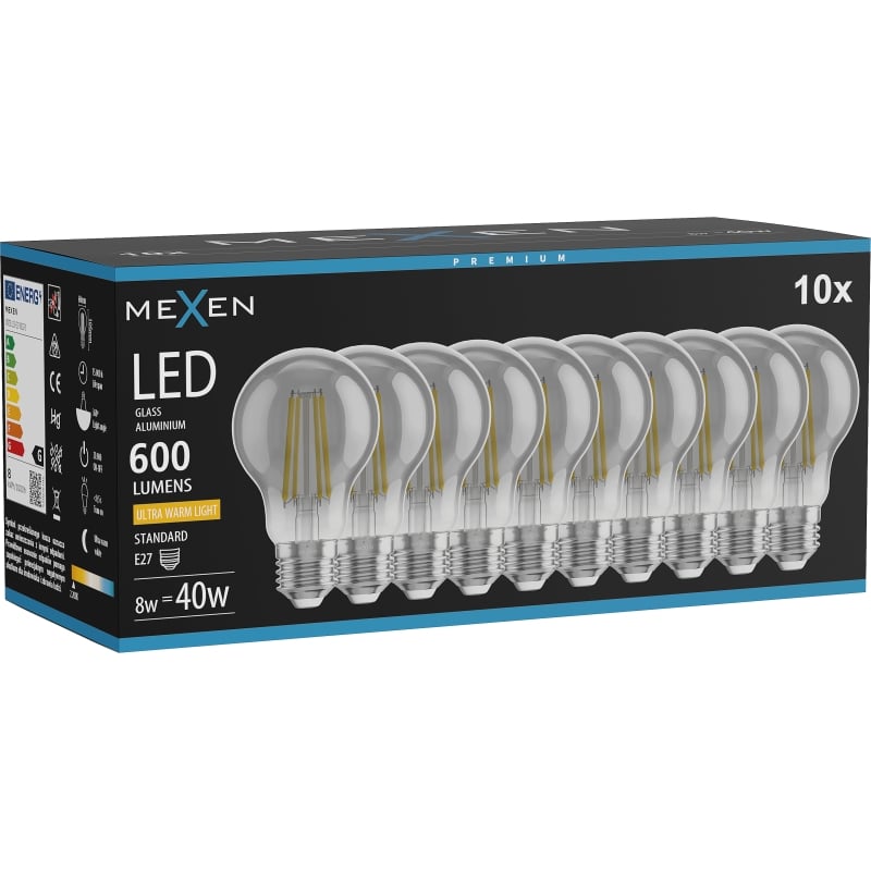 Mexen Vintis 10x LED filamentlamp E27, A60, 8W, Warm - 2200K, 600 lm, smoke - L150-E27-0822-70x10