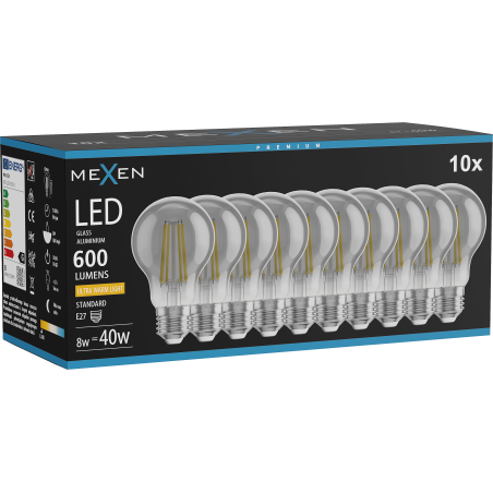 Mexen Vintis 10x Λάμπα LED νήματος Ε27, A60, 8W, Θερμή - 2200K, 600 lm, καπνιστή - L150-E27-0822-70x10