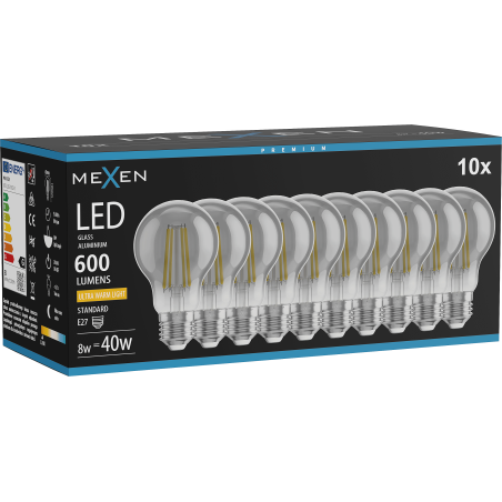 Mexen Vintis 10x LED-filamentlampa E27, A60, 8W, Varm - 2200K, 600 lm, rök - L150-E27-0822-70x10
