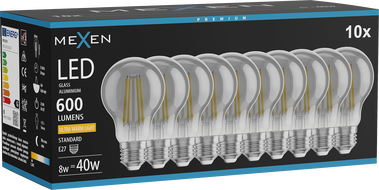 Mexen Vintis 10x LED Filament Glühbir A60 E27, 8W, Warm - 2200K, 600 lm, Smoke - L150-E27-0822-70x10