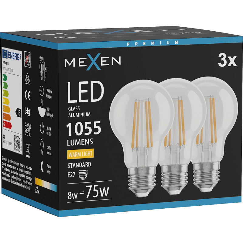 Mexen Vintis 3x Lampadina a filamento LED E27, A60, 8W, Calda - 2700K, 1055 lm, trasparente - L150-E27-0827-00x03