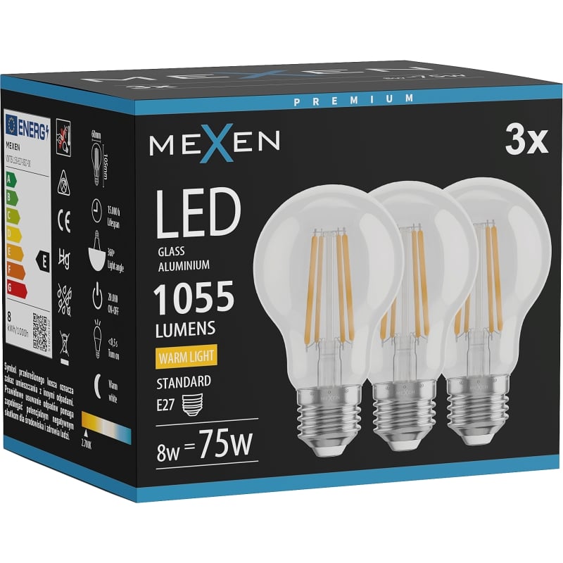 Mexen Vintis 3x żarówka filament LED E27, A60, 8W, Ciepła - 2700K, 1055 lm, clear - L150-E27-0827-00x03