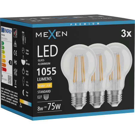 Mexen Vintis 3x Filament LED-glödlampa E27, A60, 8W, Varm - 2700K, 1055 lm, klar - L150-E27-0827-00x03