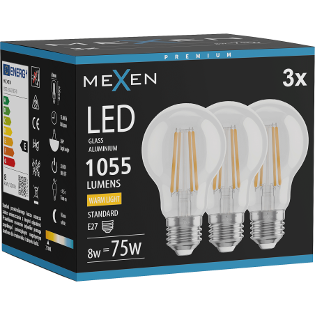 Mexen Vintis 3x LED-Filament-Glühbirne E27, A60, 8W, Warm - 2700K, 1055 lm, klar - L150-E27-0827-00x03