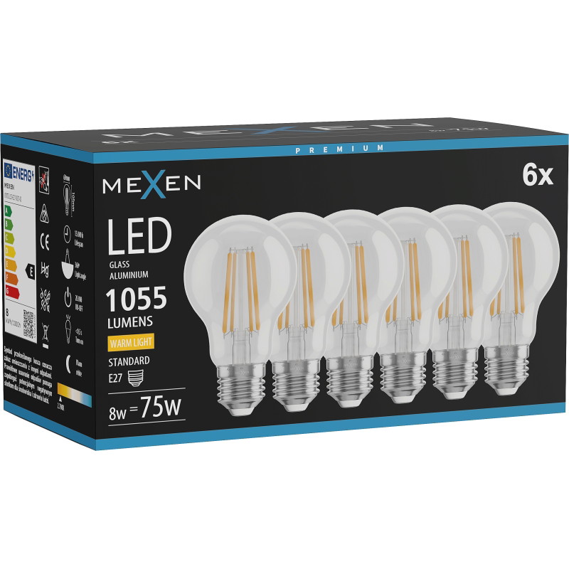 Mexen Vintis 6x Bombilla LED de filamento E27, A60, 8W, Cálida - 2700K, 1055 lm, transparente - L150-E27-0827-00x06
