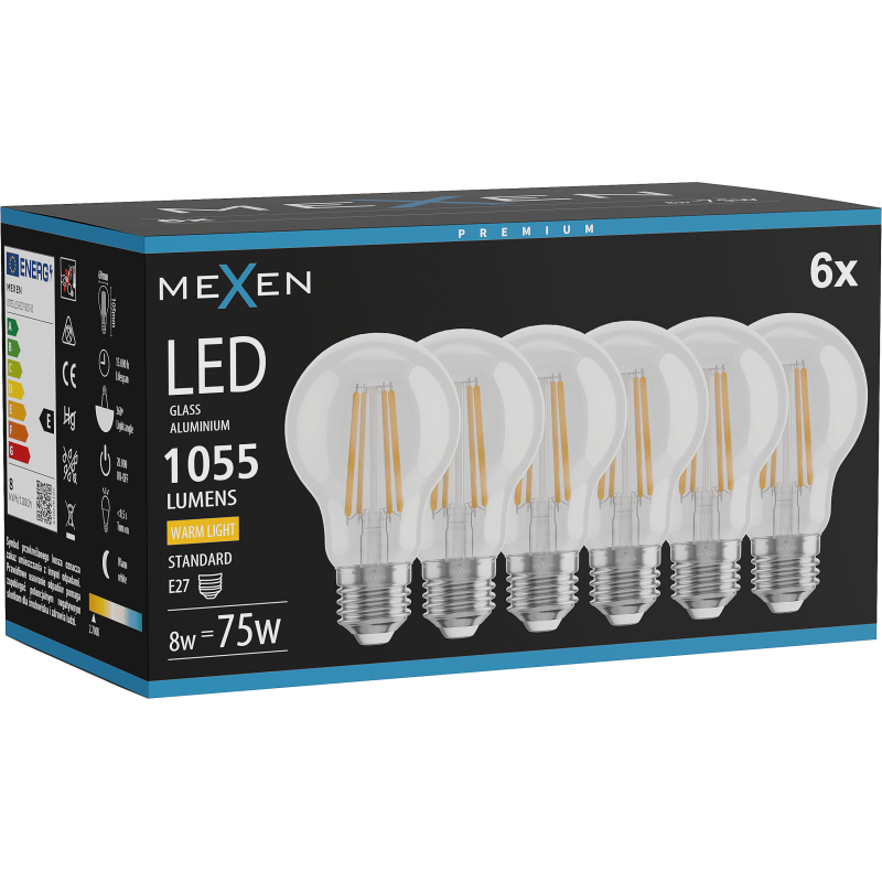 Mexen Vintis 6x Λάμπα φιλαμάν LED E27, A60, 8W, Θερμό - 2700K, 1055 lm, διαυγής - L150-E27-0827-00x06