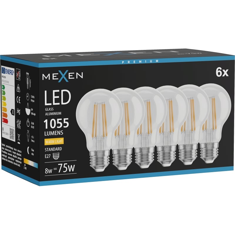Mexen Vintis 6x LED filamentlampa E27, A60, 8W, Varm - 2700K, 1055 lm, klar - L150-E27-0827-00x06