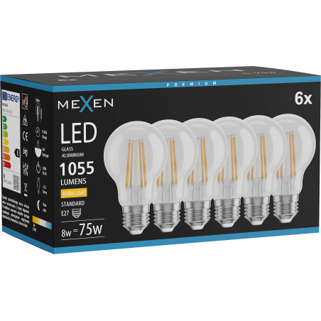 Mexen Vintis 6x LED filament žarnica E27, A60, 8W, Topla - 2700K, 1055 lm, prozorna - L150-E27-0827-00x06