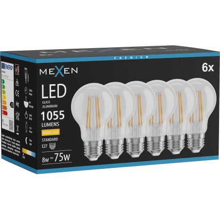 Mexen Vintis 6x LED Filamentlampe E27, A60, 8W, Warm - 2700K, 1055 lm, klar - L150-E27-0827-00x06