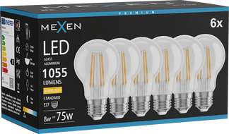 Mexen Vintis 6x LED filament žarulja E27, A60, 8W, Topla - 2700K, 1055 lm, prozirna - L150-E27-0827-00x06