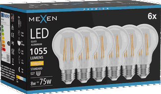 Mexen Vintis 6x LED kvēldiega spuldze E27, A60, 8W, Silta - 2700K, 1055 lm, caurspīdīga - L150-E27-0827-00x06