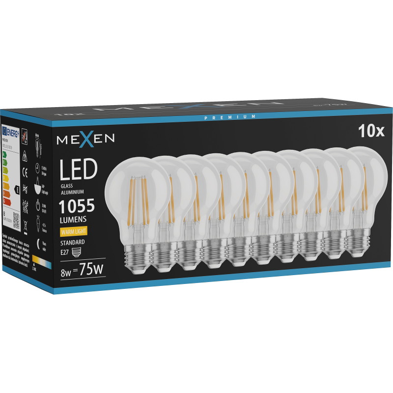 Mexen Vintis 10x LED-filamentlamp E27, A60, 8W, Warm - 2700K, 1055 lm, helder - L150-E27-0827-00x10