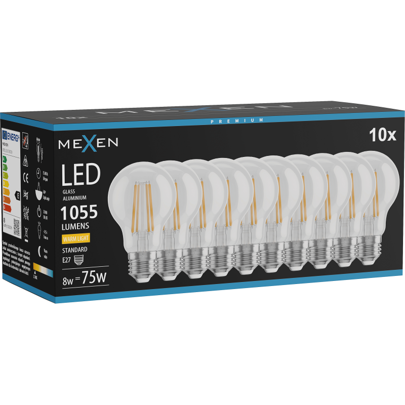 Mexen Vintis 10x LED žarnica filament E27, A60, 8W, Topla - 2700K, 1055 lm, prozorna - L150-E27-0827-00x10