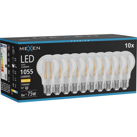Mexen Vintis 10x LED Filament Glühbirne E27, A60, 8W, Warm - 2700K, 1055 lm, klar - L150-E27-0827-00x10