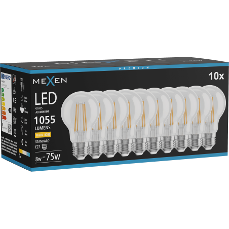 Mexen Vintis 10x LED-filamentlampa E27, A60, 8W, Varm - 2700K, 1055 lm, klar - L150-E27-0827-00x10
