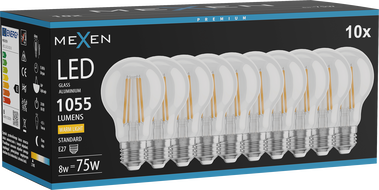 Mexen Vintis 10x hõõgniit LED pirn E27, A60, 8W, Soe - 2700K, 1055 lm, läbipaistev - L150-E27-0827-00x10