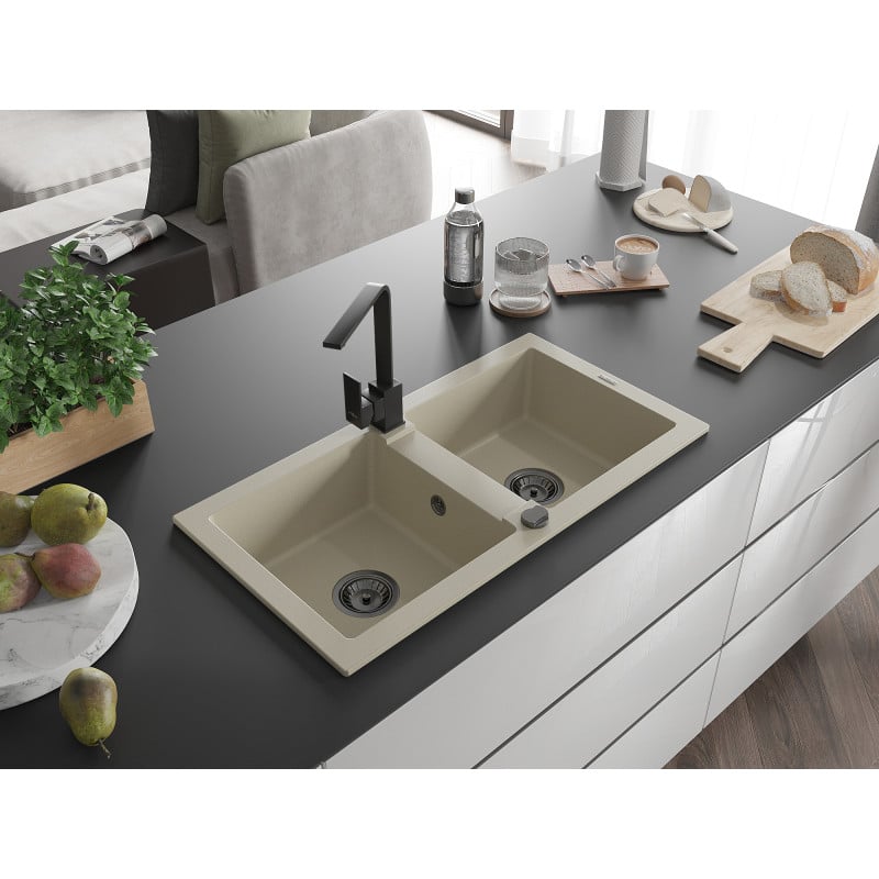 Mexen Mario fregadero de granito de 2 compartimentos con grifo de cocina Rita, beige - 6504-69-670300-70