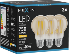 Mexen Vintis 3x LED E27 kvēldiega spuldze, A60, 8W, Silti balta - 2700K, 750 lm, dzintara - L150-E27-0822-50x03