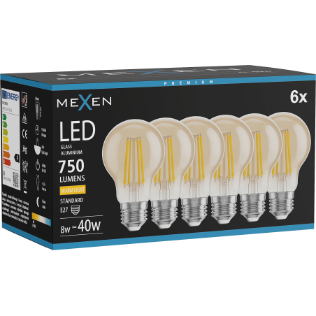 Mexen Vintis 6x Glödlampa filament LED E27, A60, 8W, Varm - 2700K, 750 lm, bärnsten - L150-E27-0822-50x06