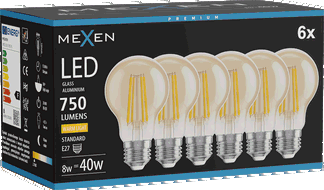 Mexen Vintis 6x LED filamenta spuldze E27, A60, 8W, Silta - 2700K, 750 lm, Dzintars - L150-E27-0822-50x06 - L150-E27-0827-50x06