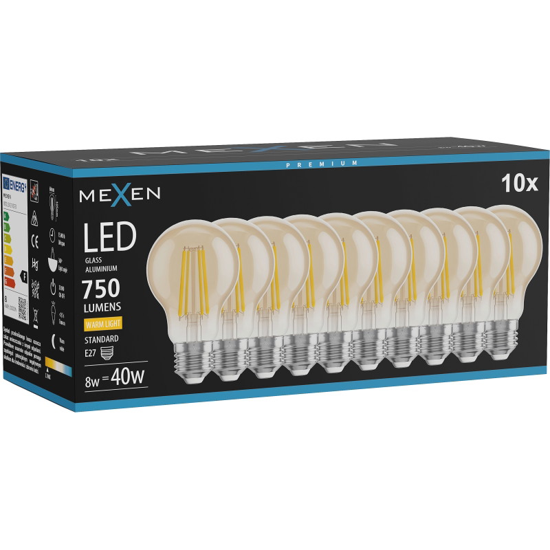 Mexen Vintis 10x Bombilla de filamento LED E27, A60, 8W, Cálida - 2700K, 750 lm, ámbar - L150-E27-0822-50x10