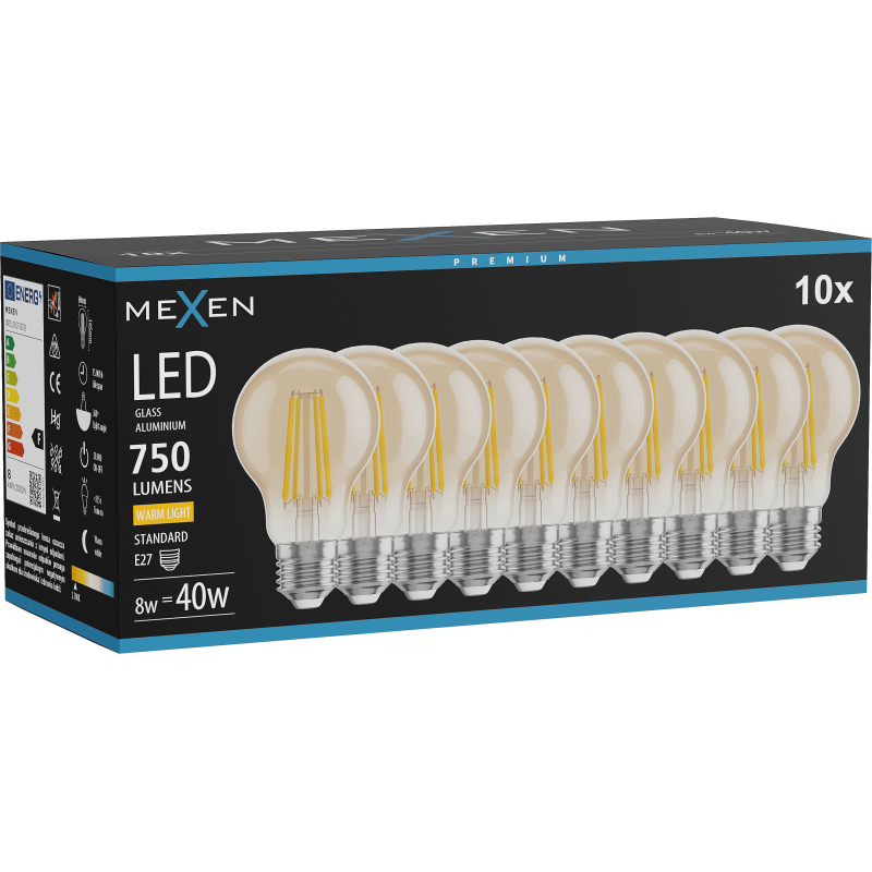 Mexen Vintis 10x LED-Filamentlampe E27, A60, 8W, Warm - 2700K, 750 lm, amber - L150-E27-0822-50x10 - L150-E27-0827-50x10