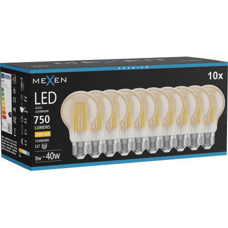 Mexen Vintis 10x Lampadina a filamento LED E27, A60, 8W, Calda - 2700K, 750 lm, ambra - L150-E27-0822-50x10