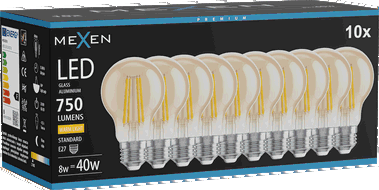 Mexen Vintis 10x Filamenta LED spuldze E27, A60, 8W, Silta - 2700K, 750 lm, dzintara - L150-E27-0822-50x10 - L150-E27-0827-50x10