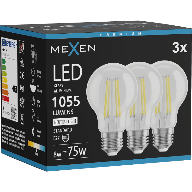 Mexen Vintis 3x Lampadina a filamento LED E27, A60, 8W, Neutrale - 4000K, 1055 lm, chiaro - L150-E27-0840-00x03