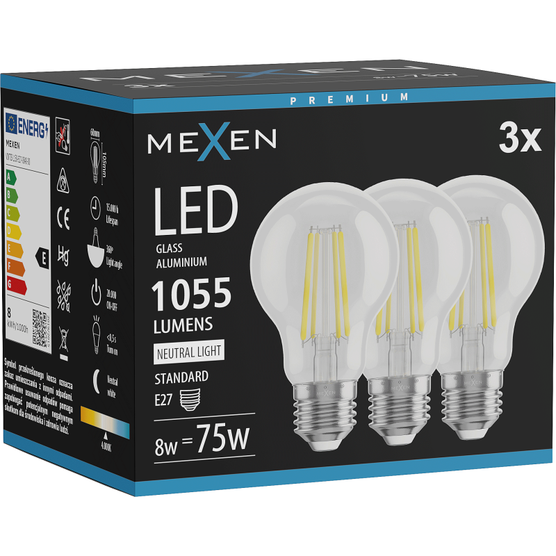 Mexen Vintis 3x LED-Filament-Glühbirne E27, A60, 8W, Neutral - 4000K, 1055 lm, klar - L150-E27-0840-00x03