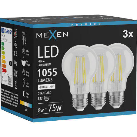 Mexen Vintis 3x LED-filamentlamp E27, A60, 8W, Neutraal - 4000K, 1055 lm, helder - L150-E27-0840-00x03