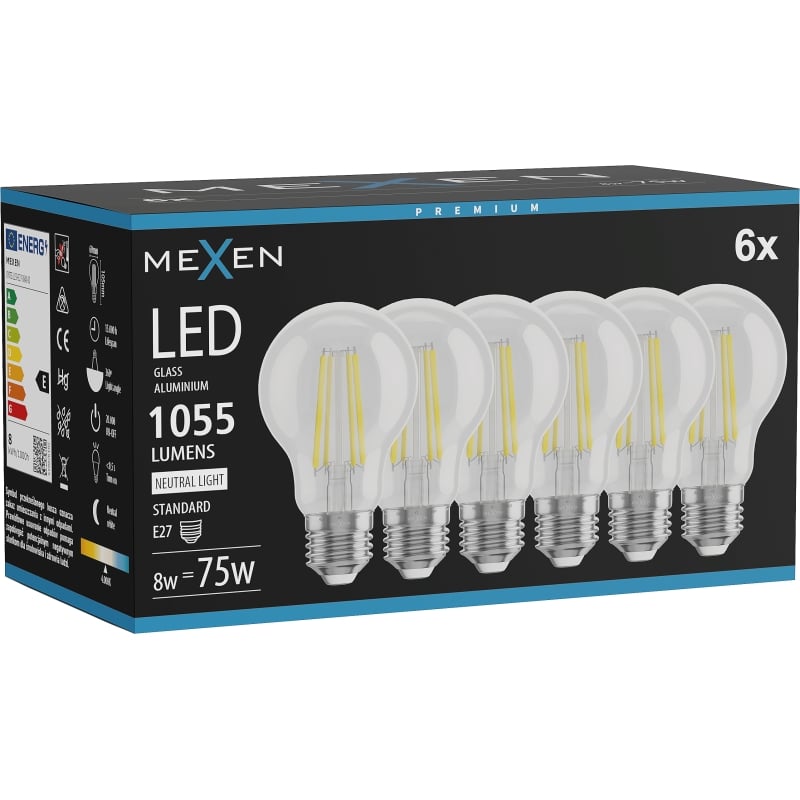 Mexen Vintis 6x LED filamentlamp E27, A60, 8W, Neutraal - 4000K, 1055 lm, helder - L150-E27-0840-00x06