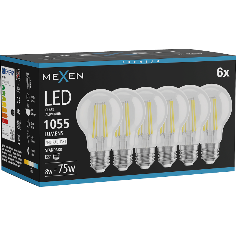 Mexen Vintis 6x LED žarnica z nitko E27, A60, 8W, Nevtralna - 4000K, 1055 lm, prozorna - L150-E27-0840-00x06