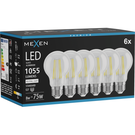 Mexen Vintis 6x LED diegu spuldze E27, A60, 8W, Neitrāla - 4000K, 1055 lm, caurspīdīga - L150-E27-0840-00x06