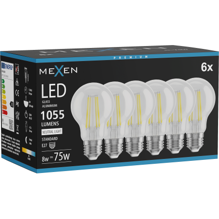 Mexen Vintis 6x LED filamentlamp E27, A60, 8W, Neutraal - 4000K, 1055 lm, helder - L150-E27-0840-00x06
