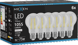 Mexen Vintis 6x LED diegu spuldze E27, A60, 8W, Neitrāla - 4000K, 1055 lm, caurspīdīga - L150-E27-0840-00x06