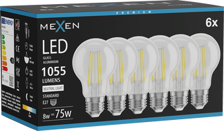 Mexen Vintis 6x LED-Filament-Glühbirne E27, A60, 8W, Neutral - 4000K, 1055 lm, klar - L150-E27-0840-00x06