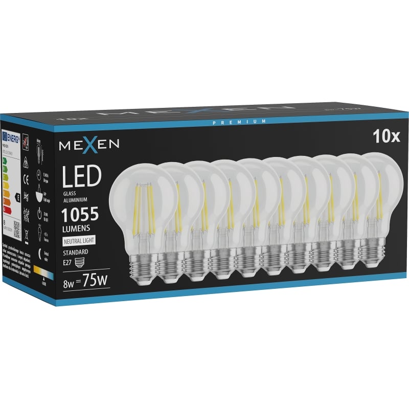 Mexen Vintis 10x bombilla LED de filamento E27, A60, 8W, Neutra - 4000K, 1055 lm, transparente - L150-E27-0840-00x10
