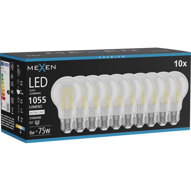 Mexen Vintis 10x LED-Fadenbirne E27, A60, 8W, Neutral - 4000K, 1055 lm, klar - L150-E27-0840-00x10