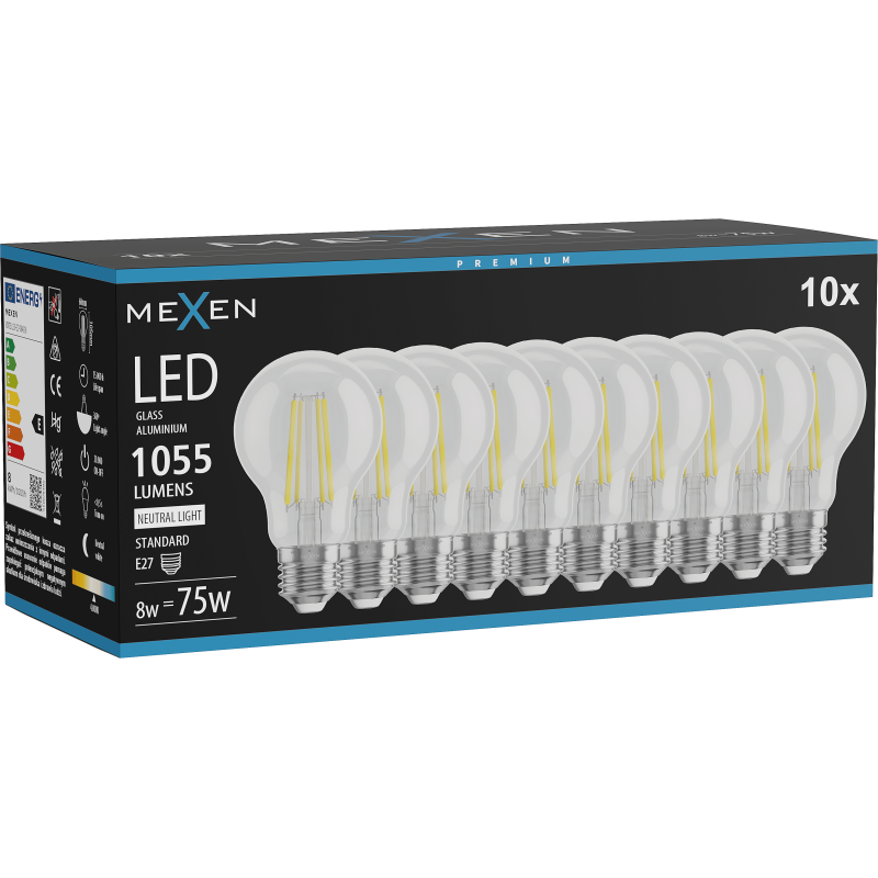 Mexen Vintis 10x LED spuldze filament E27, A60, 8W, Neitrāla - 4000K, 1055 lm, caurspīdīga - L150-E27-0840-00x10