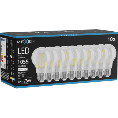 Mexen Vintis 10x LED-Fadenbirne E27, A60, 8W, Neutral - 4000K, 1055 lm, klar - L150-E27-0840-00x10