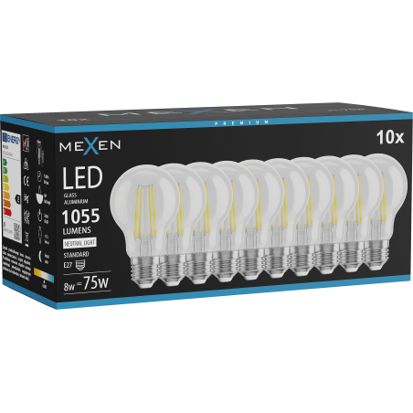 Mexen Vintis 10x LED spuldze filament E27, A60, 8W, Neitrāla - 4000K, 1055 lm, caurspīdīga - L150-E27-0840-00x10