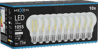 Mexen Vintis 10x LED spuldze filament E27, A60, 8W, Neitrāla - 4000K, 1055 lm, caurspīdīga - L150-E27-0840-00x10