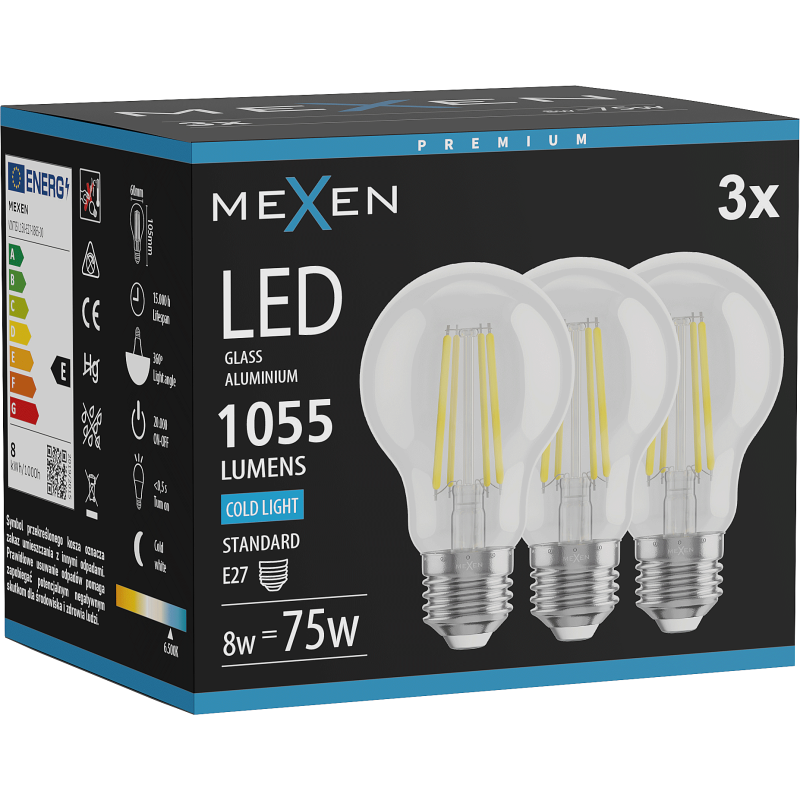 Mexen Vintis 3x Λάμπα filament LED E27, A60, 8W, Ψυχρό - 6500K, 1055 lm, διαφανές - L150-E27-0865-00x03