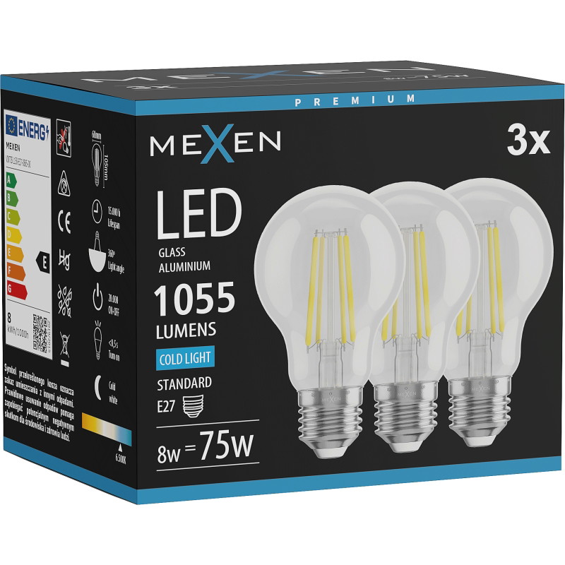 Mexen Vintis 3x Lampadina a filamento LED E27, A60, 8W, Fredda - 6500K, 1055 lm, chiara - L150-E27-0865-00x03
