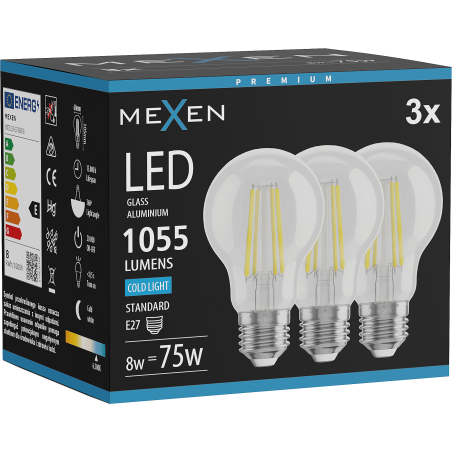 Mexen Vintis 3x LED Filament Bulb E27, A60, 8W, Cold - 6500K, 1055 lm, clear - L150-E27-0865-00x03