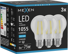 Mexen Vintis 3x Λάμπα filament LED E27, A60, 8W, Ψυχρό - 6500K, 1055 lm, διαφανές - L150-E27-0865-00x03