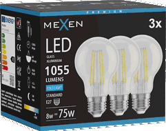 Mexen Vintis 3x Lampadina a filamento LED E27, A60, 8W, Fredda - 6500K, 1055 lm, chiara - L150-E27-0865-00x03